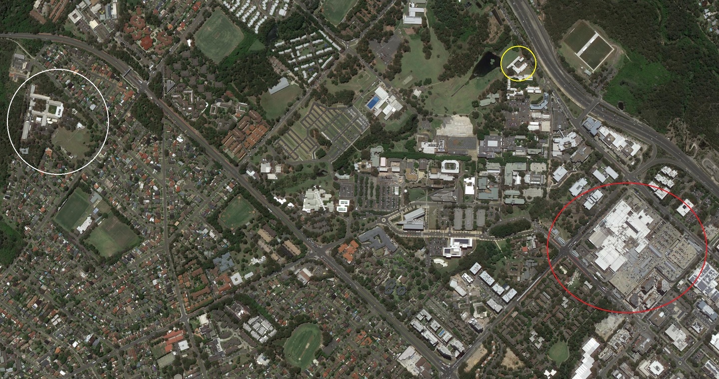 Satellite view of the Marsfield region. White circle is the CSIRO Marsfield office, yellow circle is the Mercure Hotel, and red circle 
												is the shopping centre and train station location. 